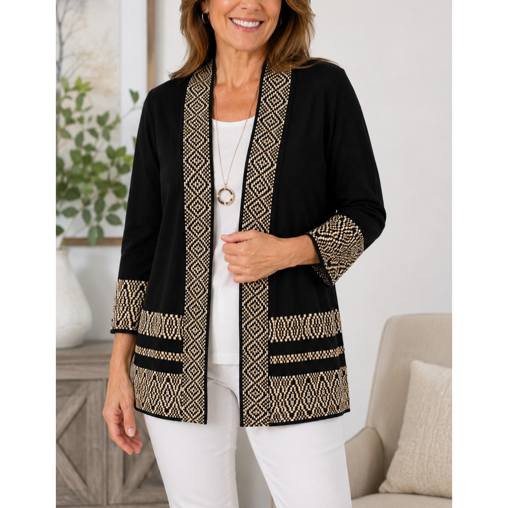 Ruby Red Petite PL Black Open Front Cardigan Geometric Trim 3/4 Sleeve